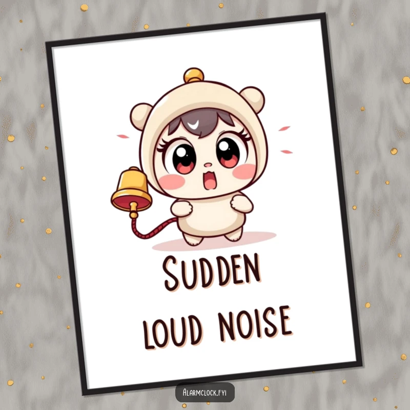 Funny digital art print: a cute character with comically large, startled eyes reacts to a loud bell, ideal for humorous digital decor.