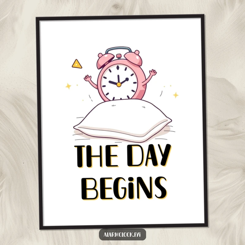 Funny digital art print of a frantic alarm clock jumping on a pillow, a high-resolution humorous graphic download.