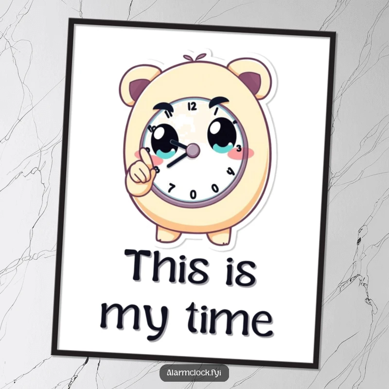 Funny digital art print of a determined character pointing at a clock, embodying focus and punctuality. A great funny gift.