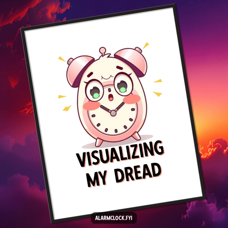 Funny digital art print of a wide-eyed character startled by loud alarm clock bells, perfect for humorous home decor.