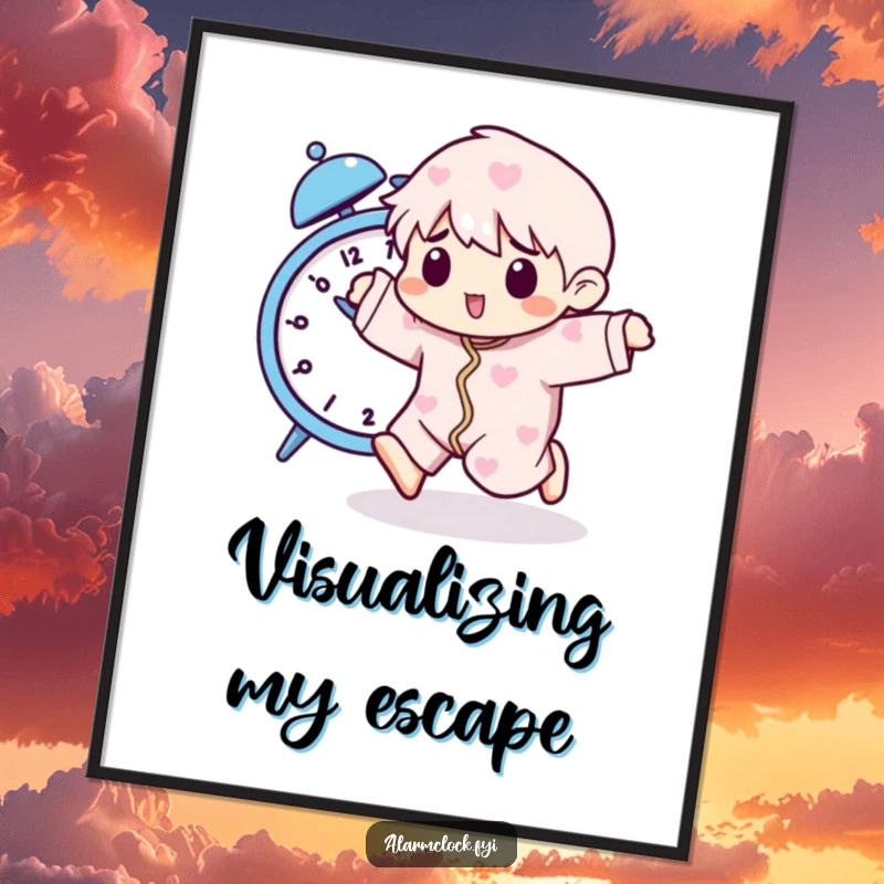 Funny digital art print of a pajama-clad character playfully running from a buzzing alarm clock, perfect for humorous home decor.