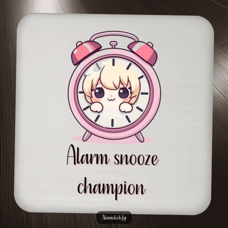 Funny drink coaster showcasing a cartoon character peeking around a ringing alarm clock, adding a humorous touch to drink protection.
