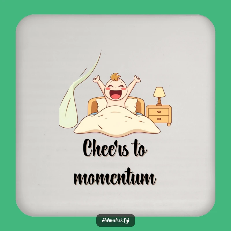 Funny Excited Character Jumping Out of Bed Coaster, Drink Humorous Gift for Energetic Tables