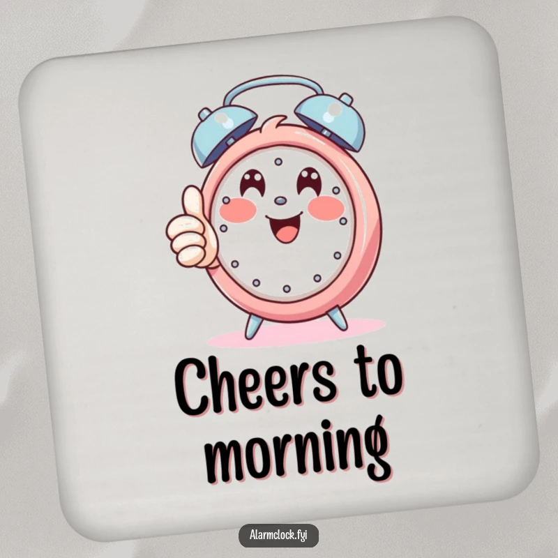 Funny drink coaster with a happy character giving a thumbs up while an alarm rings, adding a positive and cheerful touch.