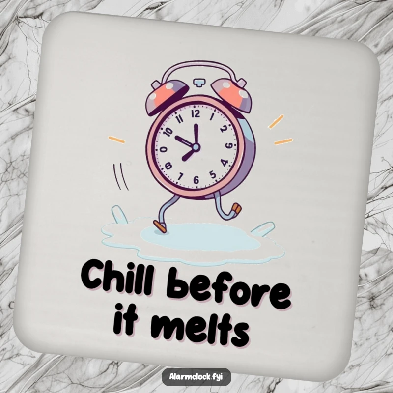 Funny melting alarm clock coaster, depicting a frantic clock with tiny legs running away from a melting ice cube.