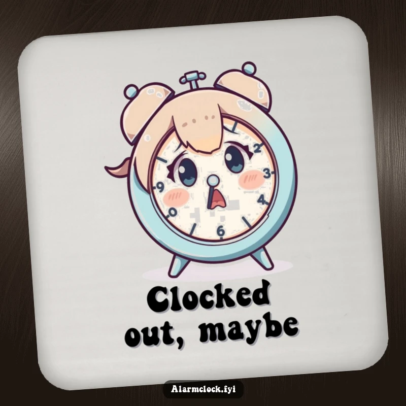 Funny drink coaster featuring a startled character looking at a clock, protecting furniture with a dose of time-related humor.