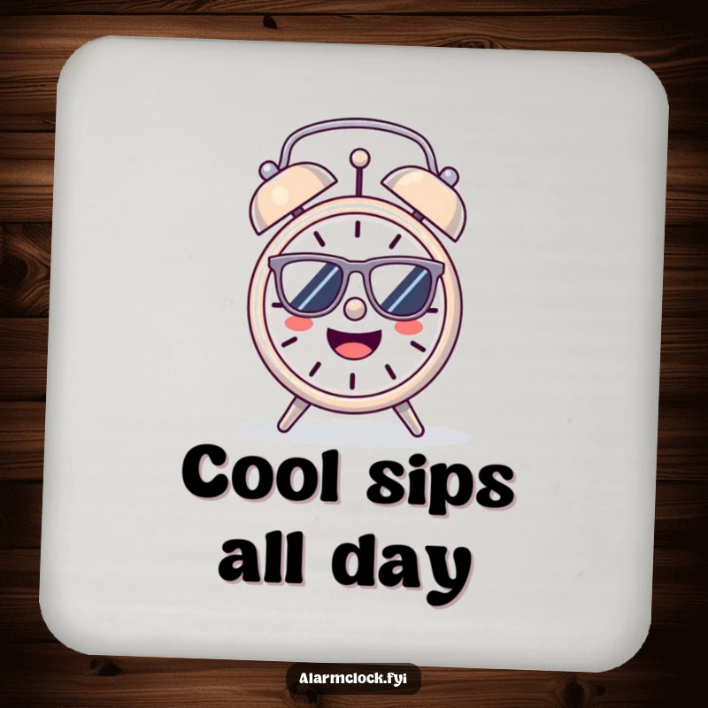 Funny Coaster: A cheerful alarm clock with sunglasses, basking in the sun, adding a touch of joy.