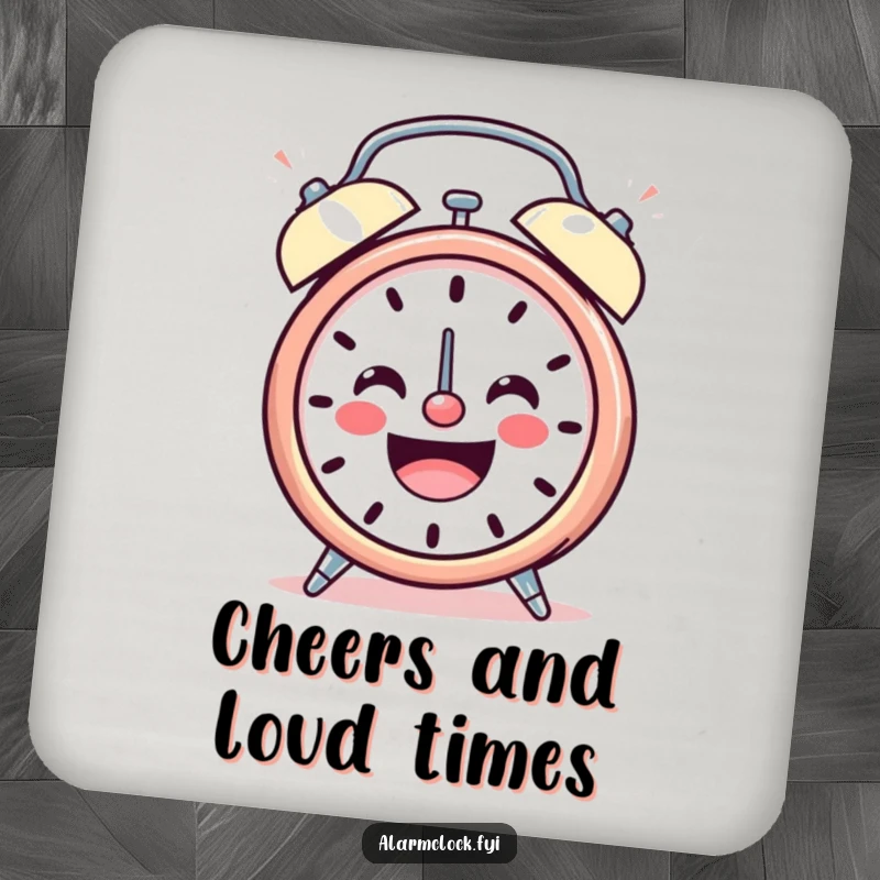 Funny drink coaster featuring a smiling alarm clock character ringing loudly with cheerful energy, perfect for adding joyful humor.
