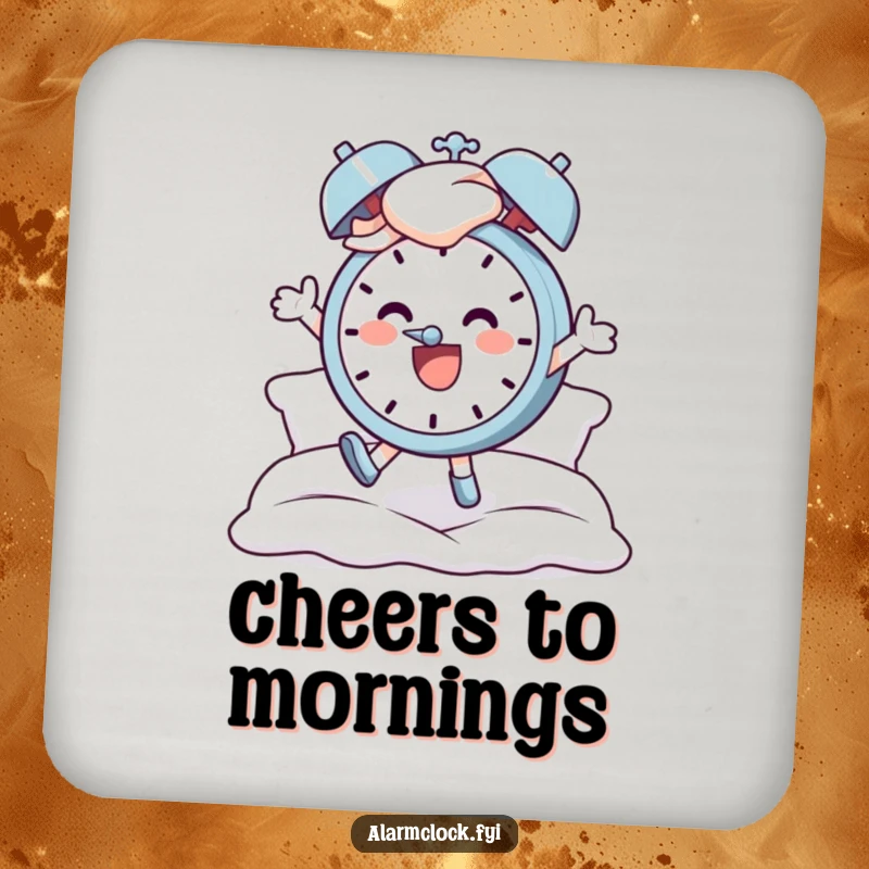 Funny drink coaster set depicting a cheerful character jumping out of bed to an alarm clock, adding humor and protection to surfaces.