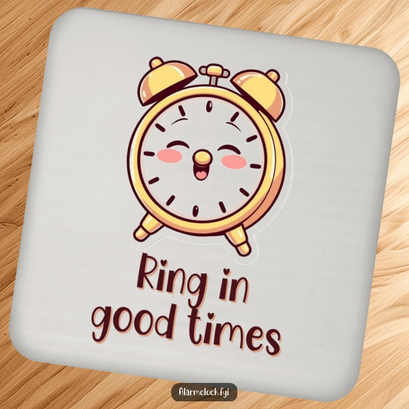 Funny coasters featuring a giggling alarm clock character with a mischievous grin, playfully ringing its bell to protect tabletops.