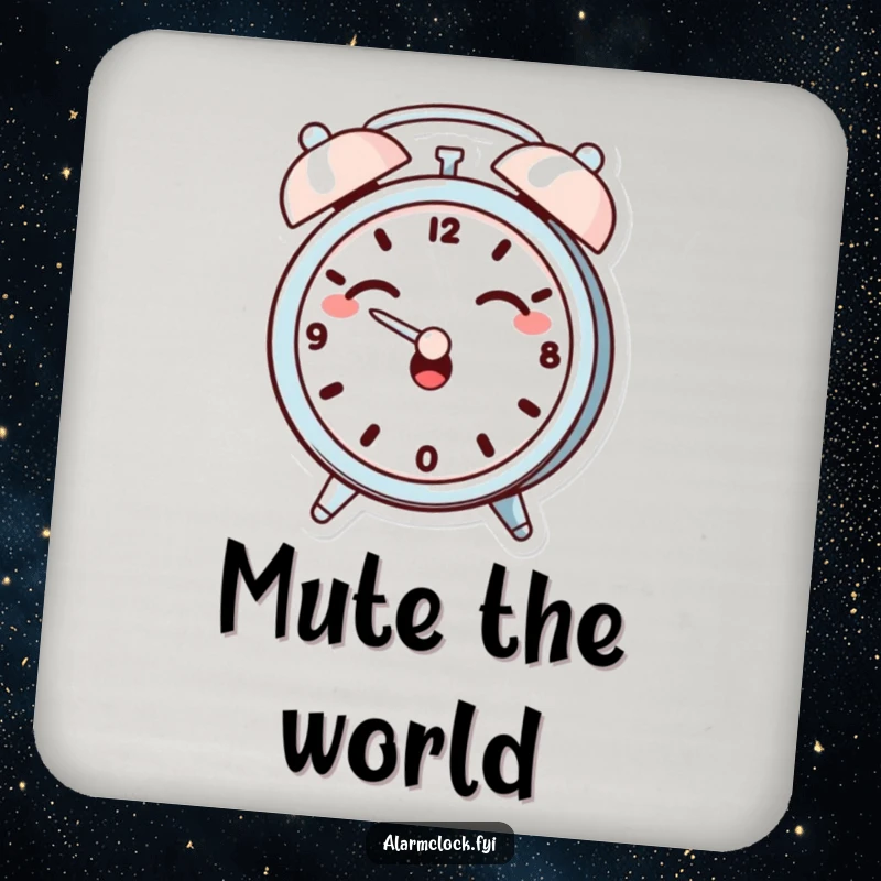 Funny drink coaster featuring a giggling alarm clock character dramatically covering its ears, perfect for humorous table protection.