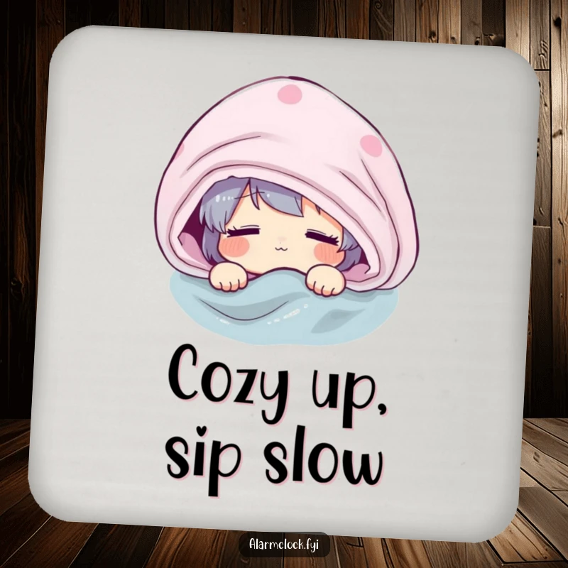 Funny drink coaster featuring a groggy character peeking from under a blanket, protecting furniture with a humorous morning-themed design.