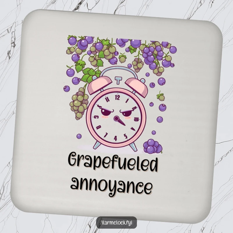 Funny drink coasters depicting a grumpy alarm clock being pelted by tiny grapes, providing humorous protection for furniture.
