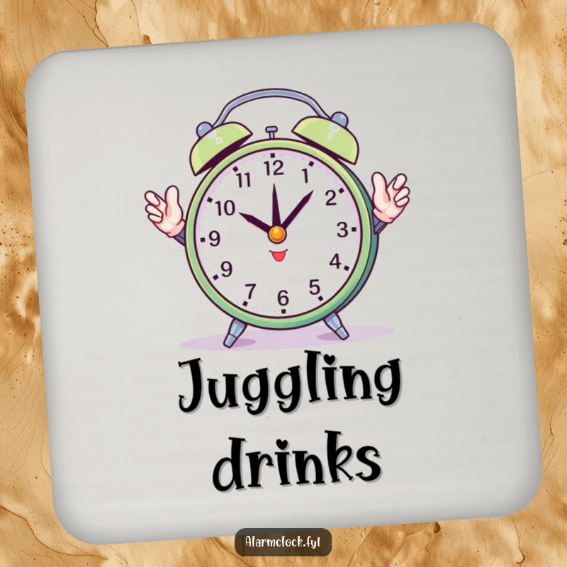 Funny drink coasters depicting a round alarm clock attempting to juggle its hands, providing humorous protection for furniture.