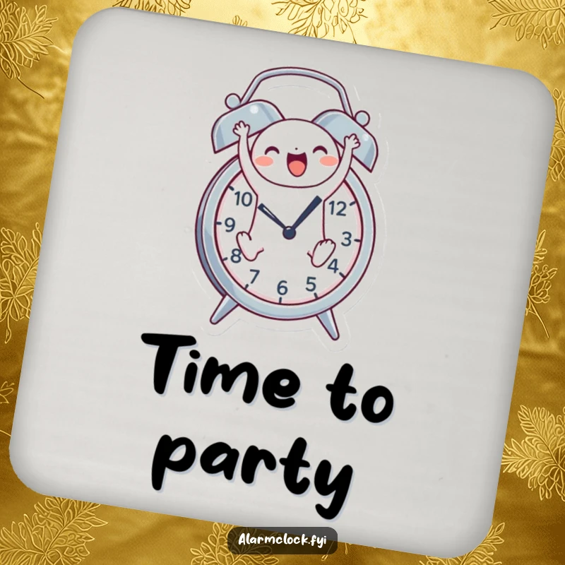 Funny drink coasters featuring a cheerful character joyfully leaping out of an alarm clock, adding a playful touch to tables.