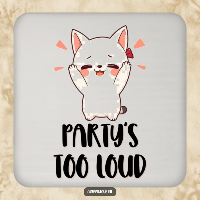 Funny coaster with a blushing character covering its ears from a loud alarm, perfect for adding a humorous and protective element to drink service.