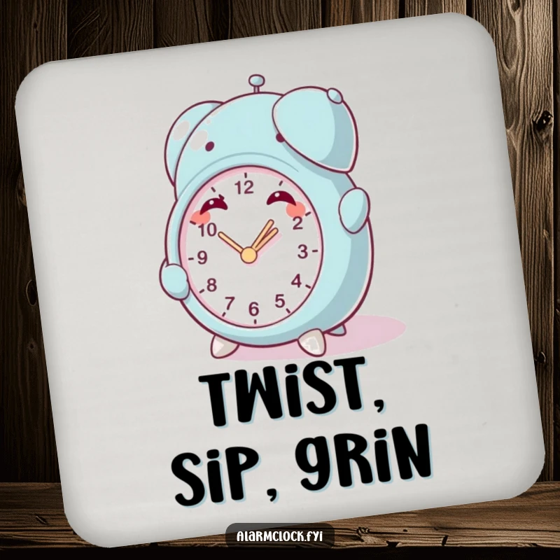 Funny Mischief Clock Coasters: A character winding a clock with a mischievous grin, offering fun protection for drinks.