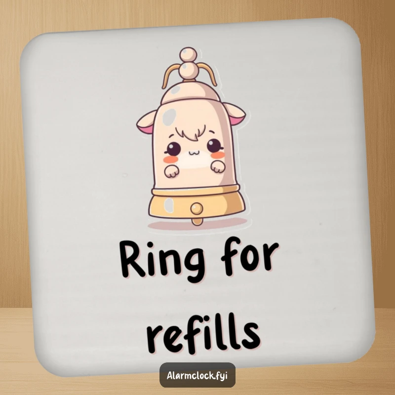 Funny drink coaster with a curious character peeking from behind a large ringing bell, a humorous addition to any table.