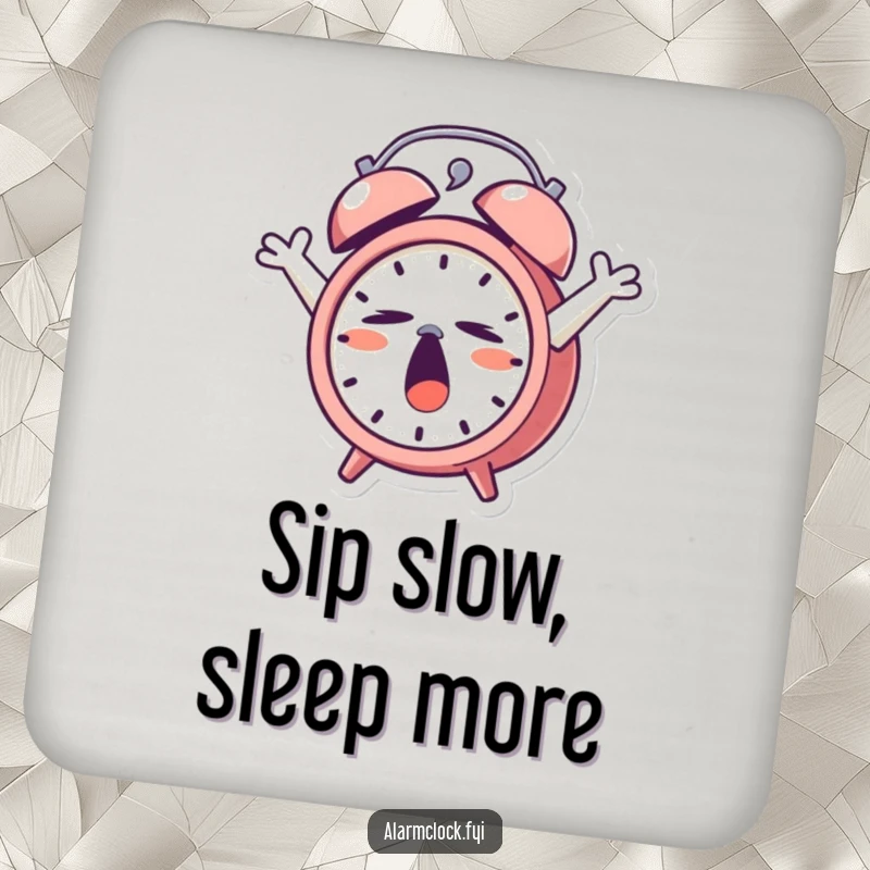 Funny Coaster: A yawning alarm clock character stretching, offering a humorous touch to drink protection.
