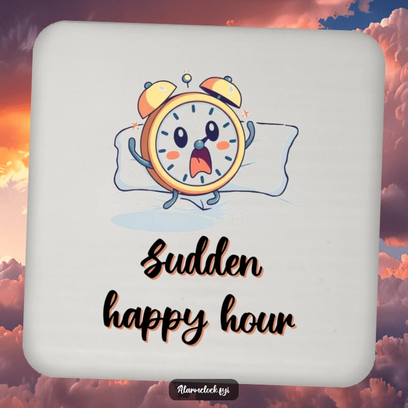 Funny coasters featuring a startled alarm clock character leaping from bed, offering humorous protection for tabletops.