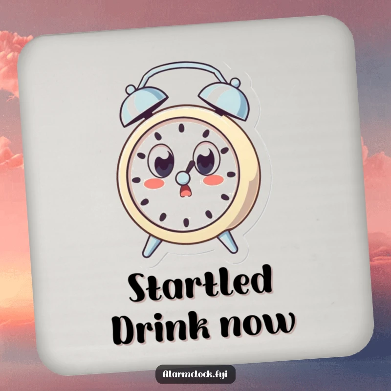 Funny drink coaster featuring a surprised alarm clock character with wide eyes, startled by its own ring, perfect for humorous table protection.