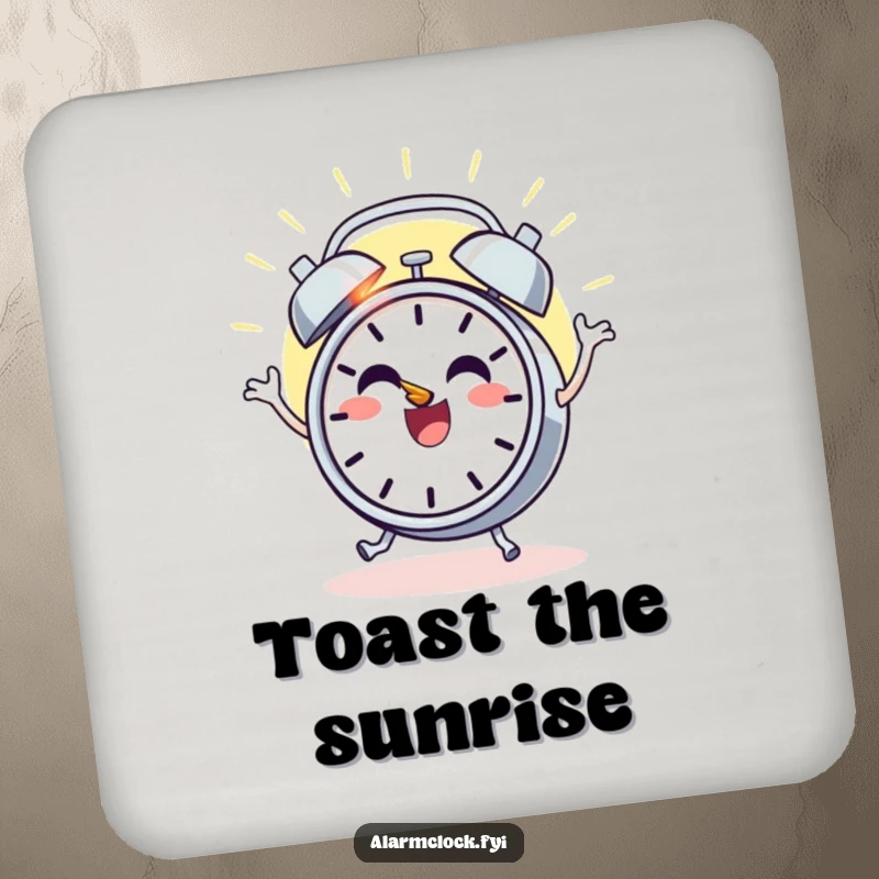 Funny drink coaster featuring a cheerful alarm clock character dancing with joy as the sun rises, perfect for humorous table protection.