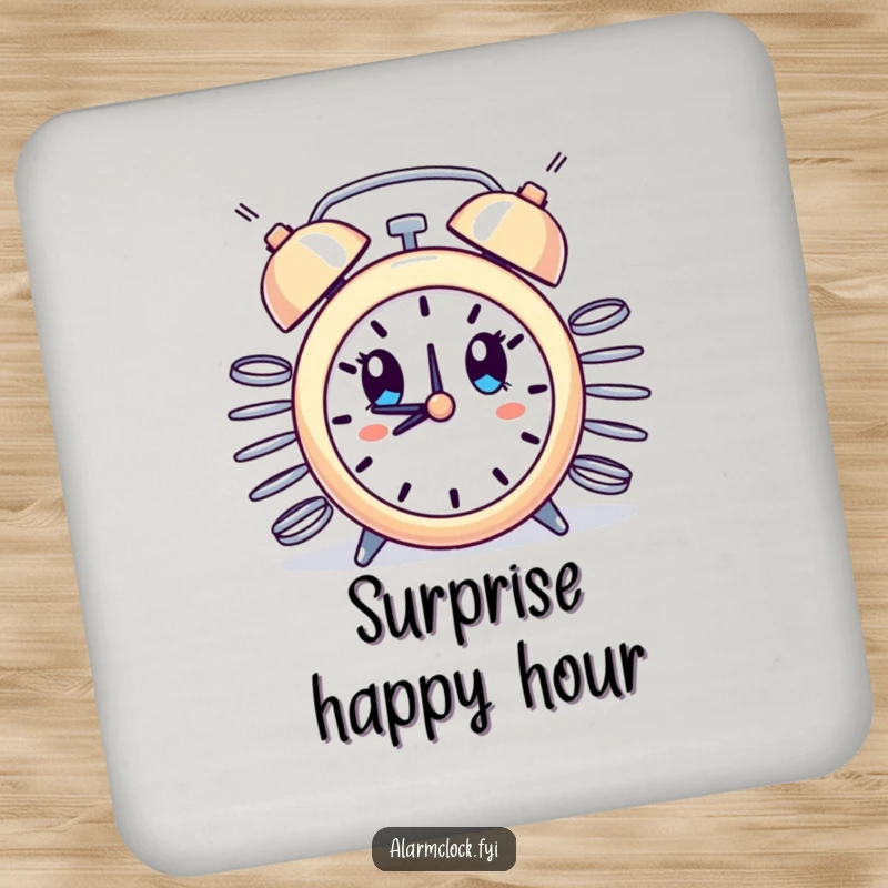 Funny drink coasters depicting an alarm clock with erupting springs, looking comically surprised, providing humorous protection.