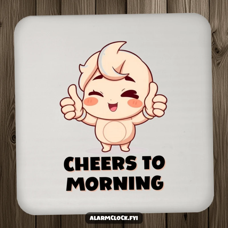 Funny Winking Character Drink Coaster with a cheerful character giving a double thumbs up to the morning, a humorous and protective accessory.