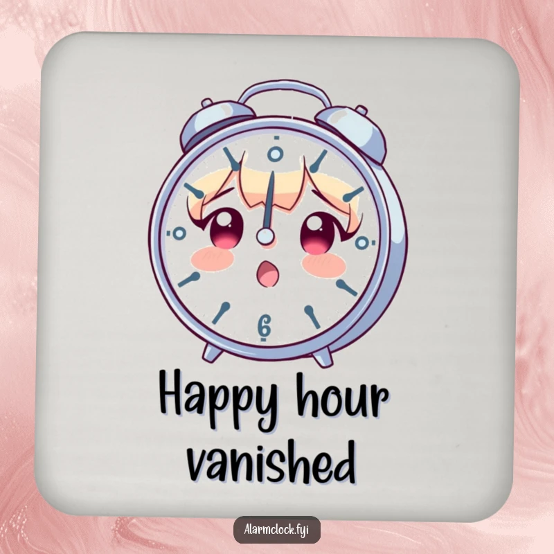 Funny coaster with a surprised character staring at a spinning clock, perfect for adding a humorous and protective element to drink service.