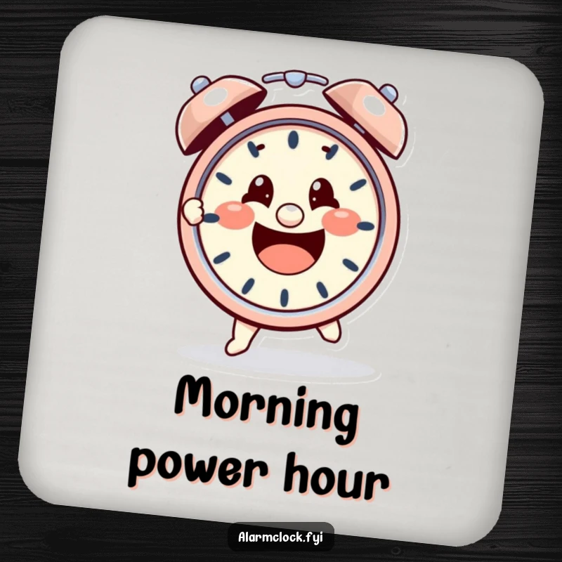 Funny drink coaster with a cheerful character determinedly grabbing a loud, ringing alarm clock, a humorous reminder to face the day.