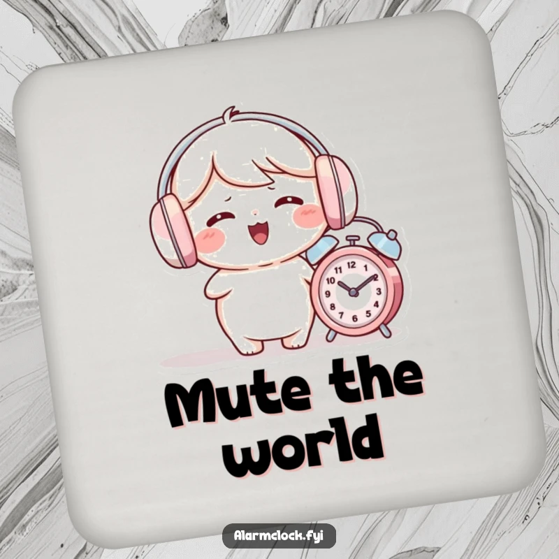 Funny drink coaster featuring a giggling character wearing earmuffs while an alarm clock rings nearby.