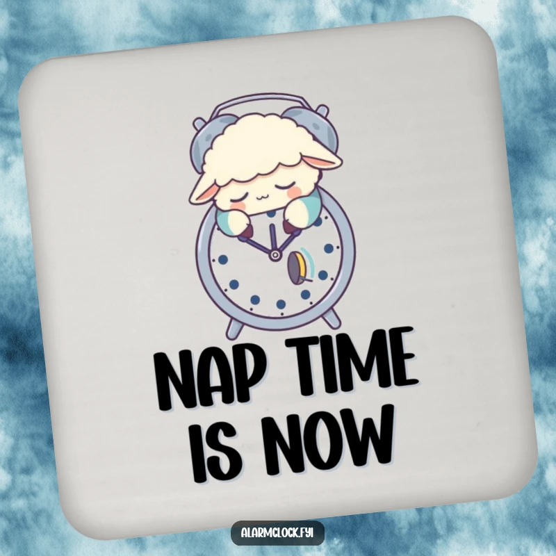 Funny drink coaster showing a sleepy sheep in pajamas napping on an alarm clock, a humorous and practical table accessory.