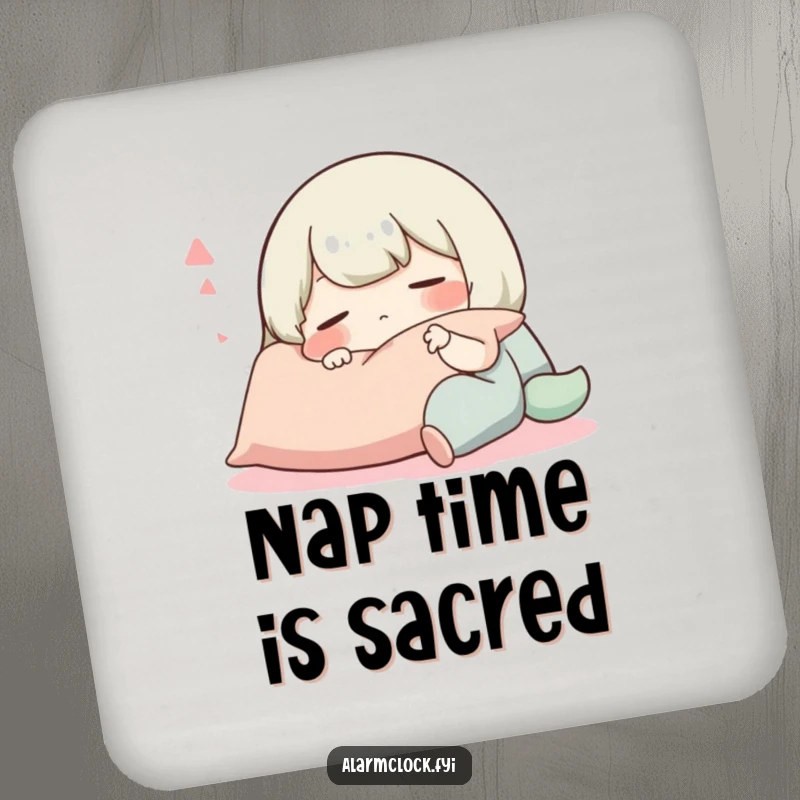 Funny drink coaster showcasing a character blissfully asleep on a pillow, adding a touch of cozy humor to drink protection.