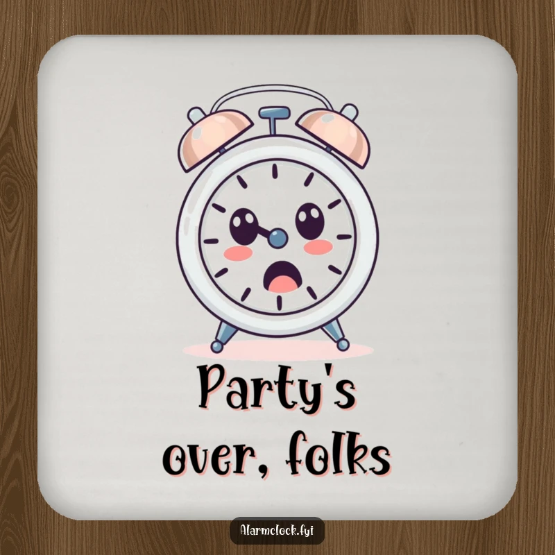 Funny drink coaster featuring a loudly ringing alarm clock with a surprised face, a humorous addition to any table.