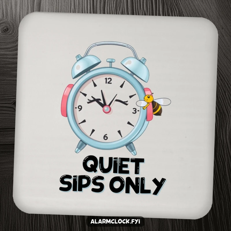 Funny drink coasters showing a sleepy alarm clock in earmuffs ignoring a buzzing bee, providing humorous protection for surfaces.