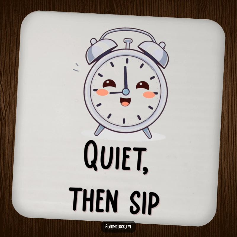 Funny Relief Clock Coasters: A character sighing while turning off an alarm, offering peaceful protection for drinks.