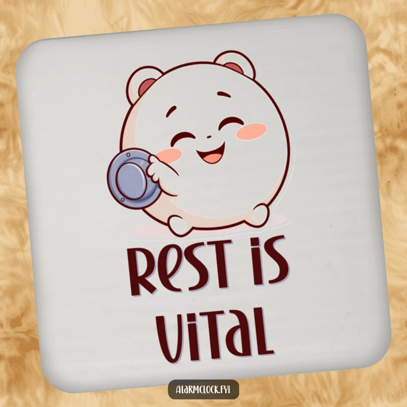 Funny coaster with a character happily hitting a snooze button, adding a humorous touch to drink protection for any tabletop.