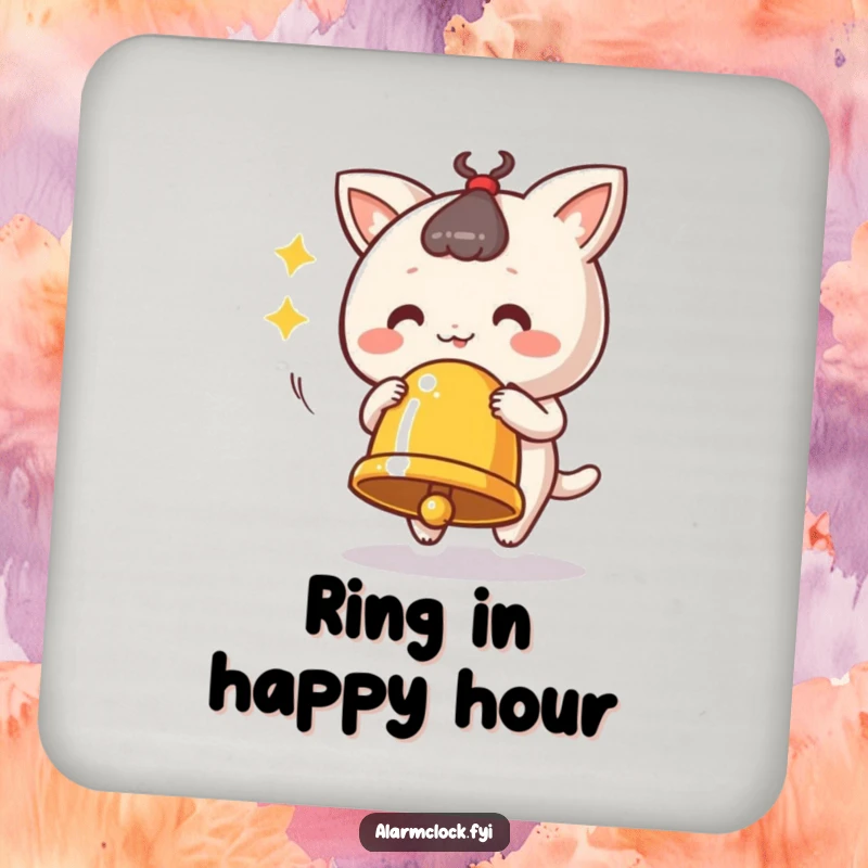 Funny ringing bell coasters with a cute character vigorously ringing a bell, protecting surfaces with humor.