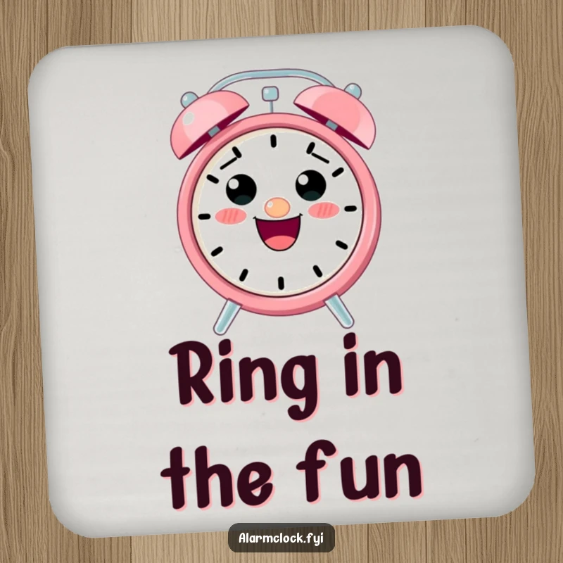 Funny drink coaster with a cute, smiling alarm clock character ringing excitedly, protecting surfaces with humor.