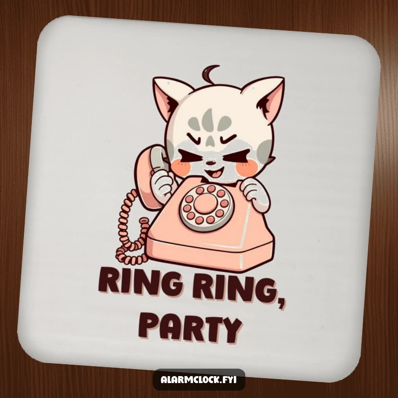 Funny coaster image of a mischievous character playfully dialing a small, retro telephone, humorously protecting surfaces.