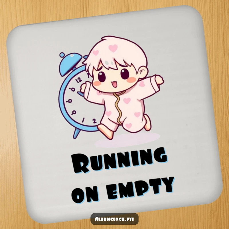 Funny drink coaster with a pajama-clad character playfully running from a buzzing alarm clock, adding humor to any surface.