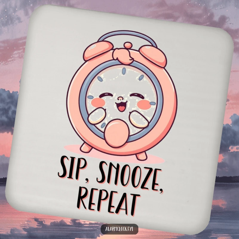 Funny drink coaster with a giggling character playfully pressing a snooze button, ideal for humorous surface protection.