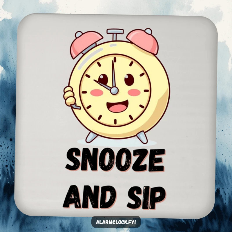 Funny coasters featuring a determined alarm clock character repeatedly pressing the snooze button, offering humorous protection for tabletops.