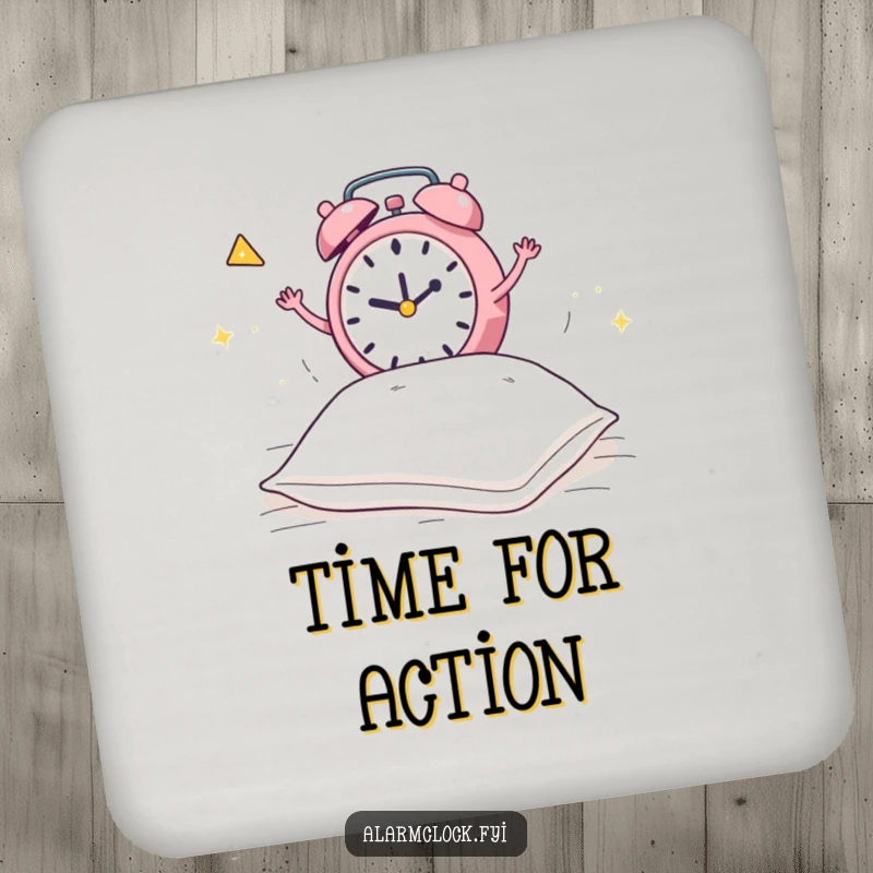 Funny drink coaster showing a frantic alarm clock jumping on a pillow, a humorous and practical addition to any table.