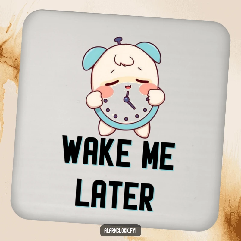 Funny drink coaster with a sleepy character groggily slapping an alarm clock, a humorous reminder of morning reluctance.