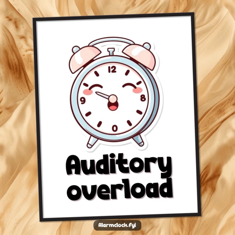 Funny poster art of a giggling alarm clock character dramatically covering its ears, ideal for humorous wall decor.