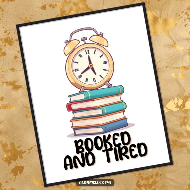 Funny poster of a weary alarm clock balancing on wobbly books, representing the humorous side of studying.