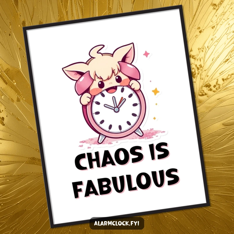 Funny poster of a mischievous character gleefully covering an alarm clock with shimmering glitter, conveying playful chaos and disruption.