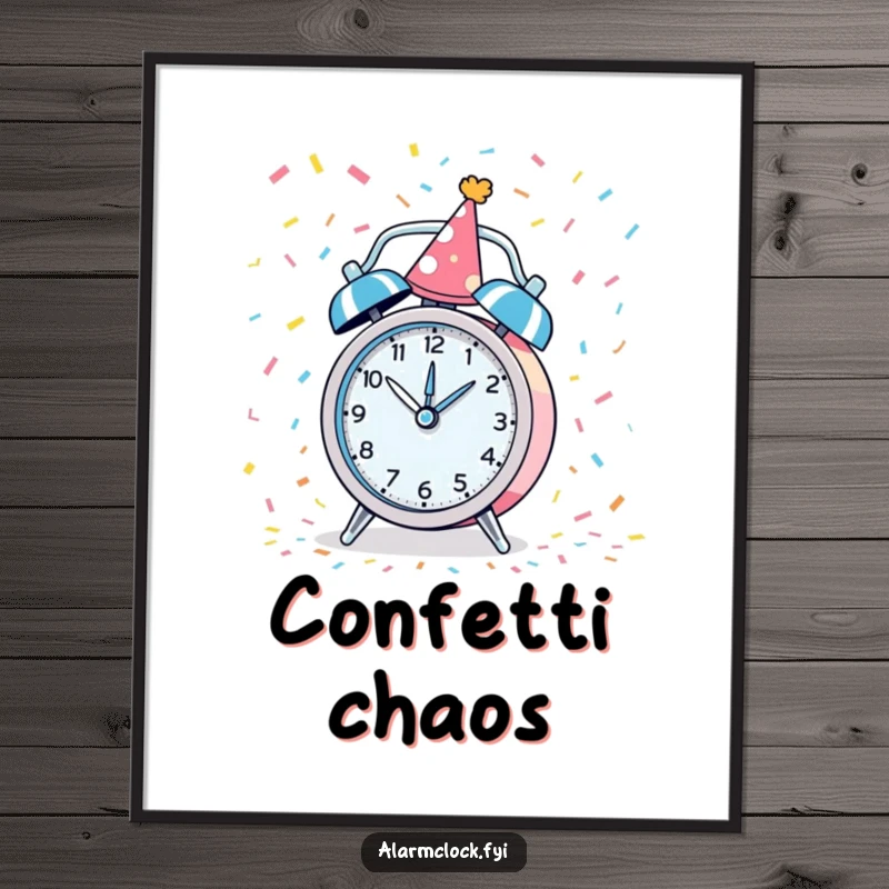 Funny poster of a party alarm clock spinning with confetti, adding vibrant, celebratory art to any room.
