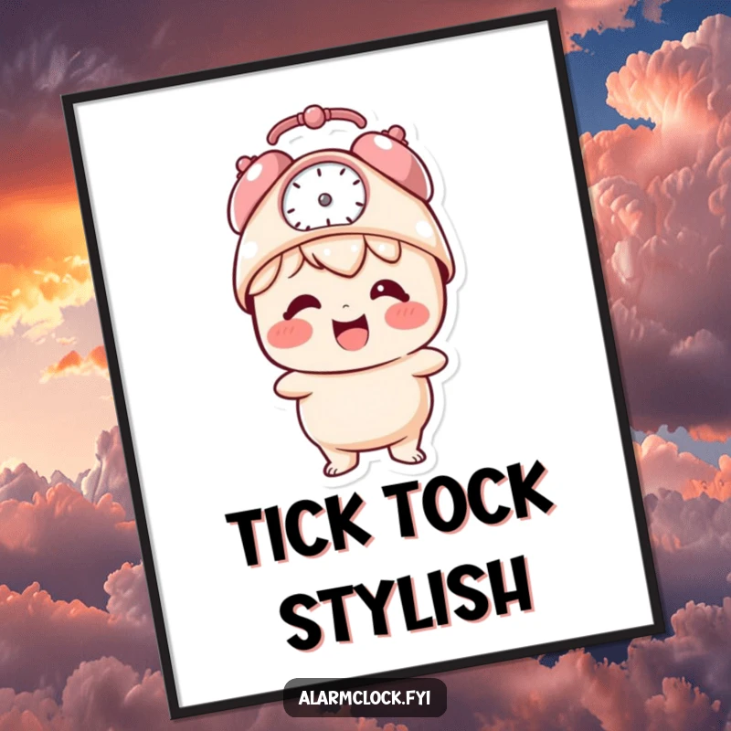 Funny poster of a giggling character joyfully wearing a tiny alarm clock hat, radiating positive morning vibes.